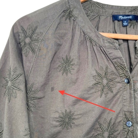 Madewell Embroidered Bubble Sleeve Ruffle Sleeve Button Top Olive Green Size M - Picture 6 of 8